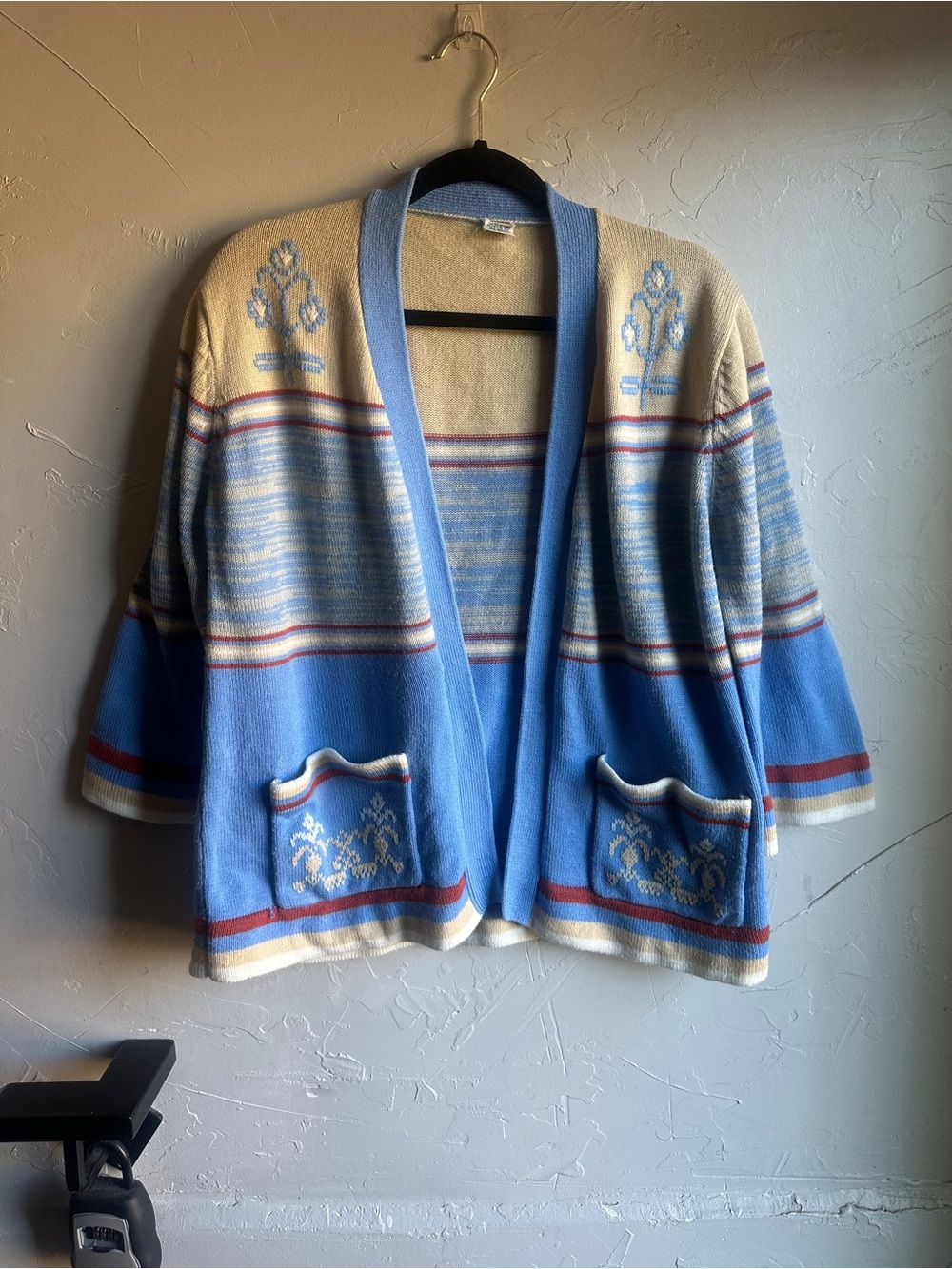 Vintage 70s Style Knit Cardigan Blue Cream Folk Embroidered Cottagecore Sz M